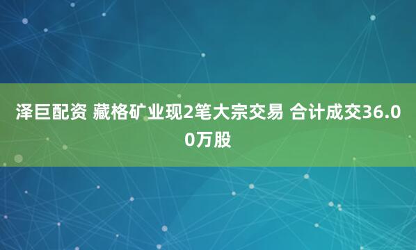 泽巨配资 藏格矿业现2笔大宗交易 合计成交36.00万股